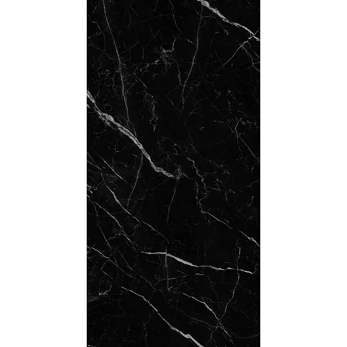 Feinsteinzeugfliese SAINT LAURENT – 60 x 120 cm, Marmoroptik, Brillant -  - Schwarzer Marmor mit kunstvollen weißen Äderungen.