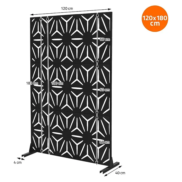 Metall-Sichtschutz Torino 120x180 cm Schwarz aus Stahl -  - Schwarzer Metall-Sichtschutz mit geometrischem Muster, 120x180 cm, auf freistehenden Stützen.