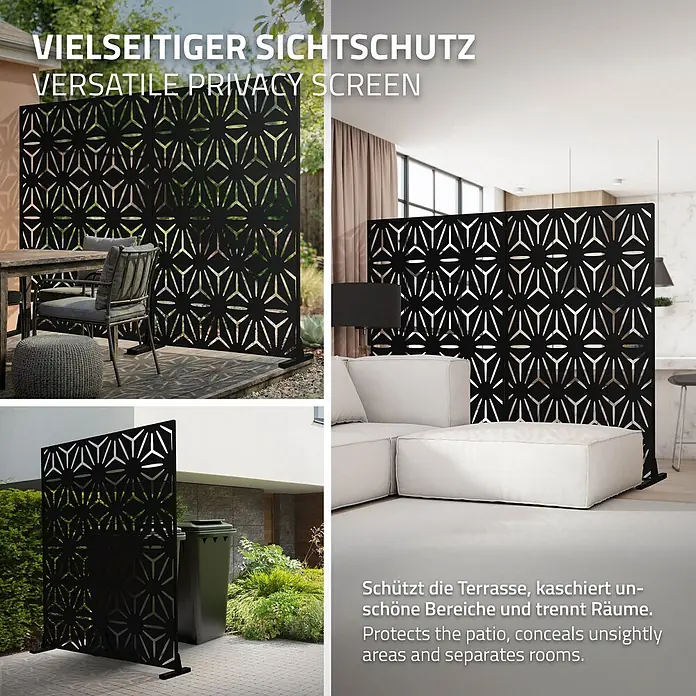 Metall-Sichtschutz Torino 120x180 cm Schwarz aus Stahl -  - Schwarzer Sichtschutz mit geometrischem Muster, vielseitig einsetzbar als Terrassentrenner, Raumteiler und zur Verdeckung von Außenbereichen.