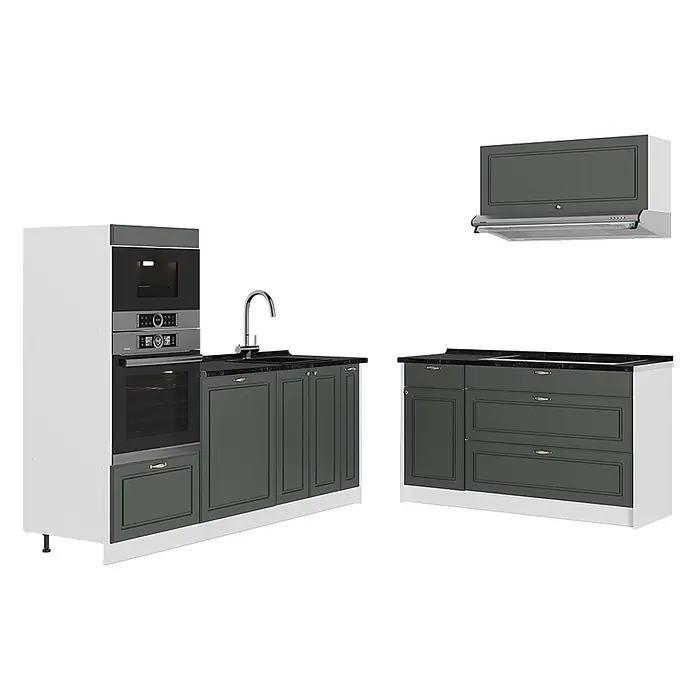 Vicco Küchenzeile - Breite: 340 cm, Grün-Gold Landhaus, Ohne Elektrogeräte - Modulare Küchenzeile mit dunkelgrauen Rahmenfronten, integrierten Öfen, Spüle und Dunstabzugshaube.