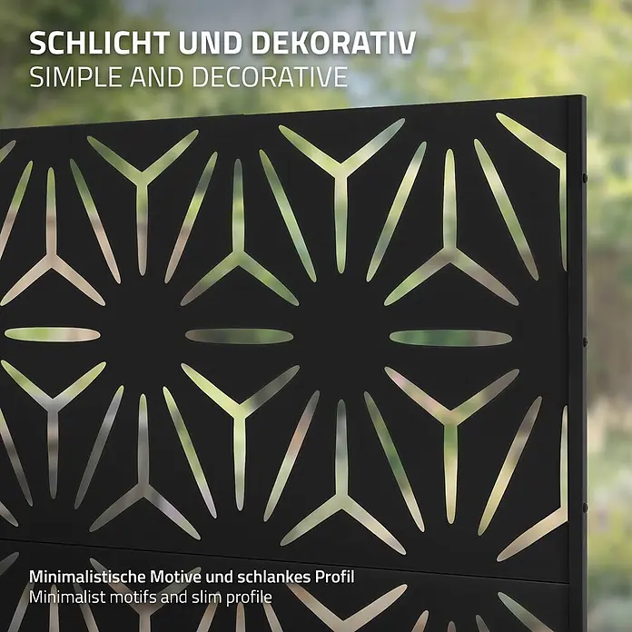 Metall-Sichtschutz Torino 120x180 cm Schwarz aus Stahl -  - Schwarze dekorative Platte mit minimalistischem geometrischem Ausschnittmuster.