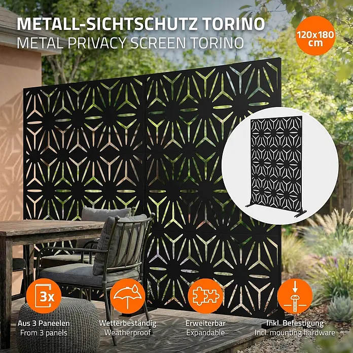 Metall-Sichtschutz Torino 120x180 cm Schwarz aus Stahl -  - Schwarzer Metall-Sichtschutz mit geometrischem Muster, auf einer Terrasse oder im Garten platziert, bietet Sichtschutz und ästhetische Gestaltung.