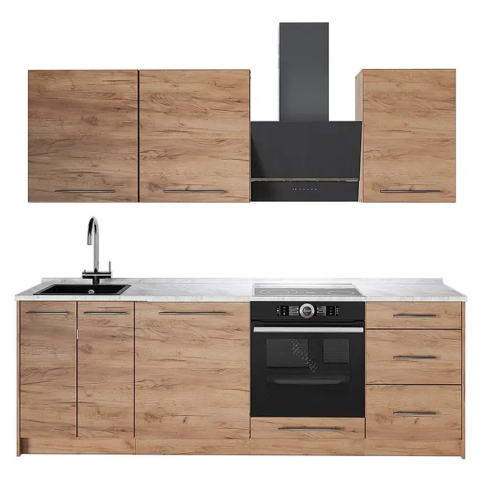 Vicco Küchenzeile Fame-Line, Goldkraft Eiche/Goldkraft Eiche, 230 cm -  - Komplette Küchenzeile mit hellen Holzfronten, schwarzen Geräten (Backofen, Kochfeld, Dunstabzug) und einer weißen Arbeitsplatte mit Spüle.