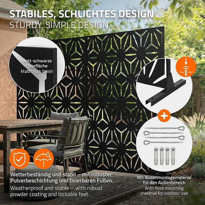 Metall-Sichtschutz Torino 120x180 cm Schwarz aus Stahl -  - Schwarzer, matter Metall-Sichtschutz mit geometrischen Ausschnitten, wetterfest für den Außenbereich.