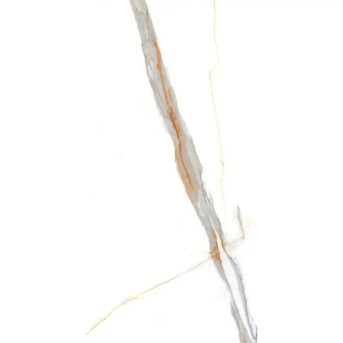 Feinsteinzeugfliese VOLGA STATUARIO – 60 x 120 cm, Marmoroptik, Brillant -  - Weiße Marmortextur mit markanten grauen und goldenen Adern.