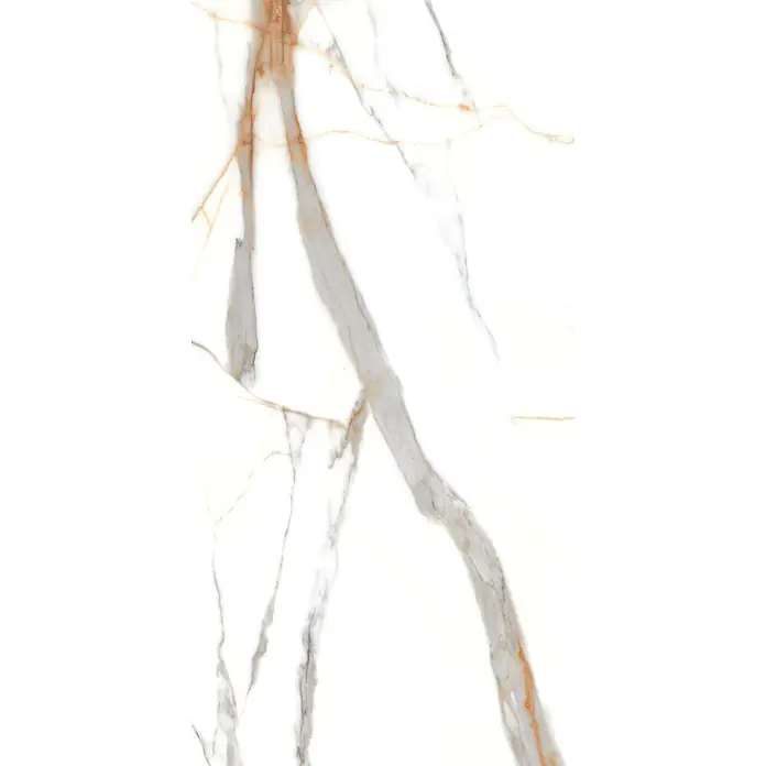 Feinsteinzeugfliese VOLGA STATUARIO – 60 x 120 cm, Marmoroptik, Brillant -  - Weißer Marmor mit komplexen grauen und goldenen Adern, ideal für luxuriöse Böden oder elegante Arbeitsplatten.