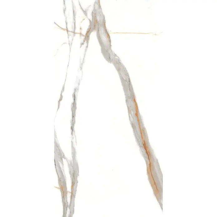 Feinsteinzeugfliese VOLGA STATUARIO – 60 x 120 cm, Marmoroptik, Brillant -  - Weiße Marmoroptik-Oberfläche mit fließenden grauen und goldenen Äderungen.