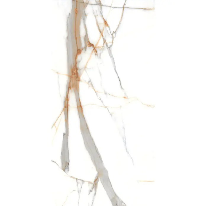 Feinsteinzeugfliese VOLGA STATUARIO – 60 x 120 cm, Marmoroptik, Brillant -  - Weißer Marmor mit eleganten grauen und goldenen Adern, ideal für luxuriöse Oberflächen.