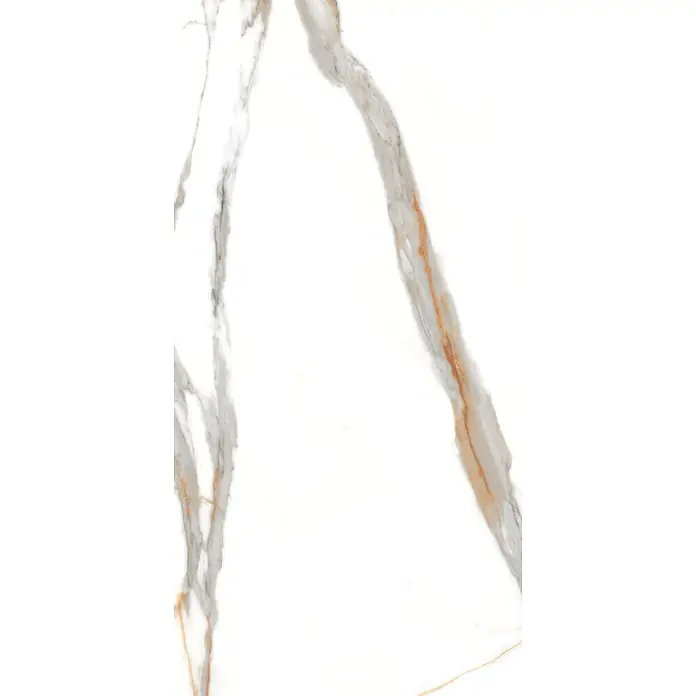 Feinsteinzeugfliese VOLGA STATUARIO – 60 x 120 cm, Marmoroptik, Brillant -  - Weiße Marmorstruktur mit fließenden grauen und subtilen goldenen Adern.