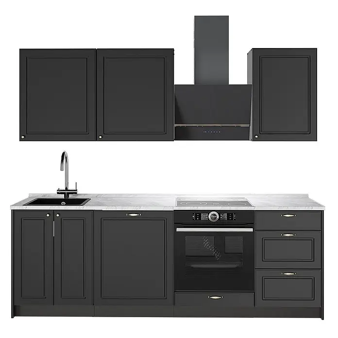Vicco Küchenzeile - Breite: 230 cm, Anthrazit-Gold Landhaus, Ohne Elektrogeräte - Moderne schwarze Küchenzeile mit Spüle, Kochfeld, Backofen und Dunstabzugshaube, mit weißer Arbeitsplatte.