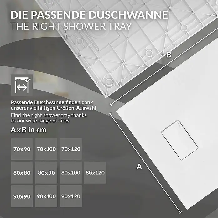 LuxeBath Duschwannen-Set Rechteckige 120x90 cm mit Siphon ,Weiß H:30 mm ,extra flache - L x B: 120 x 90 cm, Verbundwerkstoff, Weiß, Ablaufgarnitur - Weiße Duschwanne mit Unterseite, illustriert Maße A und B, und eine Tabelle verfügbarer Größen wie 70x90, 80x80, 90x90 cm.
