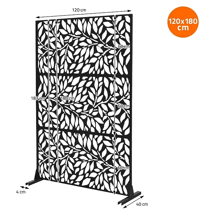 Metall-Sichtschutz Firenze 120x180 cm Schwarz aus Stahl -  - Schwarzer Metall-Sichtschutz mit Blattmuster, 120x180 cm. Steht auf stabilen Standfüßen.