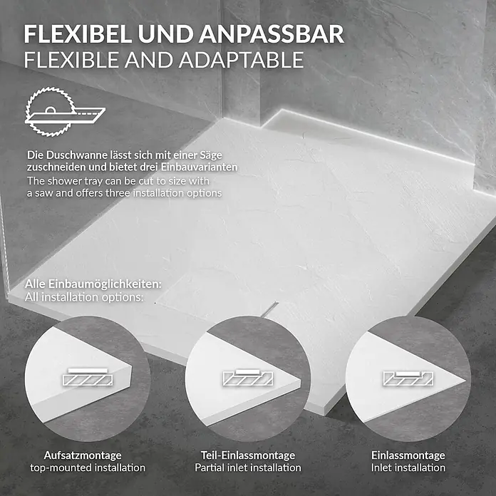 LuxeBath Duschwannen-Set Rechteckige 120x90 cm mit Siphon ,Weiß H:30 mm ,extra flache - L x B: 120 x 90 cm, Verbundwerkstoff, Weiß, Ablaufgarnitur - Hellgraue Duschwanne in Steinoptik, größenanpassbar mit drei vielseitigen Installationsoptionen: Aufsatzmontage, Teileinlass und Einlass.