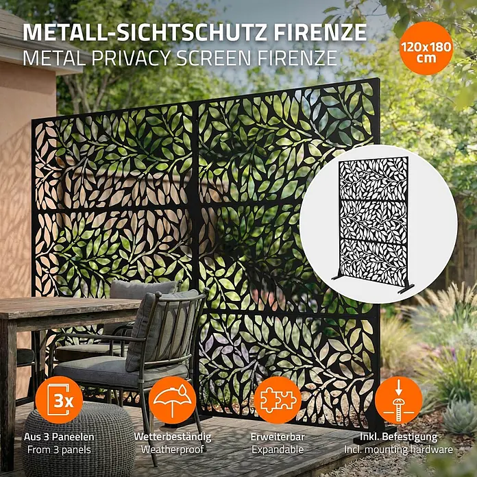 ML-Design Sichtschutzelement Firenze - B x H: 120 x 183 cm, Stahl, Schwarz - Schwarzer Metall-Sichtschutz mit Blattmuster auf einer Terrasse, 120x180 cm, erweiterbar, wetterbeständig.