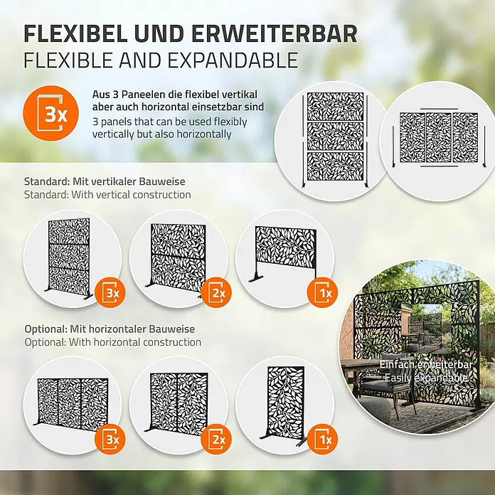 ML-Design Sichtschutzelement Firenze - B x H: 120 x 183 cm, Stahl, Schwarz - Dunkle Metall-Sichtschutzwände mit Blattmuster, gezeigt in verschiedenen flexiblen vertikalen und horizontalen Konfigurationen und als Terrassenabtrennung verwendet.