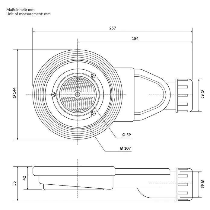 LuxeBath Duschwannen-Set Rechteckige 120x90 cm mit Siphon ,Höhe 30 mm ,extra flache - L x B: 120 x 90 cm, Verbundwerkstoff, Schwarz, Ablaufgarnitur - Technische Zeichnung einer Duschablaufgarnitur mit Maßen, kreisförmiger Oberseite und abgewinkeltem Auslauf. Gesamtlänge 257mm, Ø 144mm.