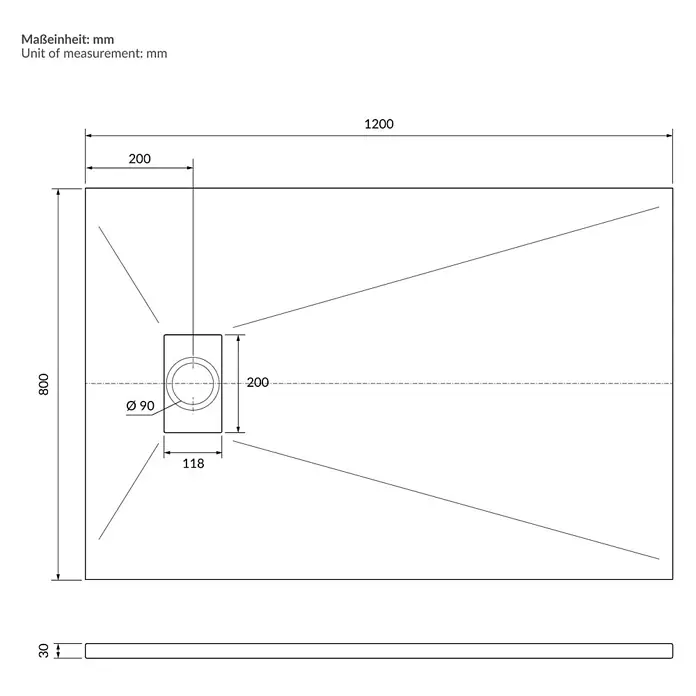 Duschwanne 120x80 cm Schwarz mit Ablaufgarnitur aus SMC Höhe 30 mm -  - Rechteckige Duschwanne, 1200x800x30 mm, mit zentralem 90 mm Ablauf. Gefälle zum Ablauf.