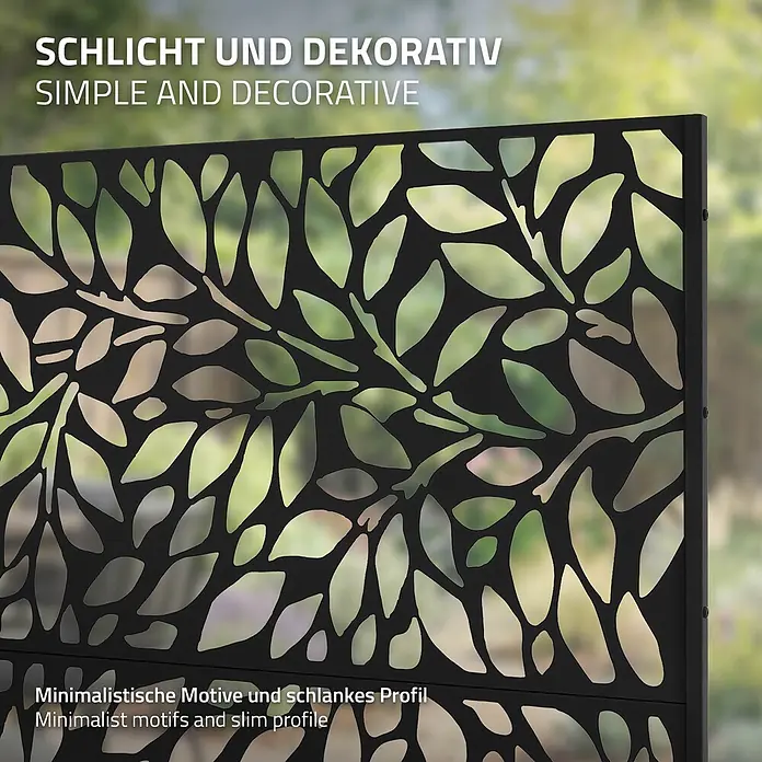 ML-Design Sichtschutzelement Firenze - B x H: 120 x 183 cm, Stahl, Schwarz - Schwarze dekorative Sichtschutzwand mit Blättermuster-Aussparungen.