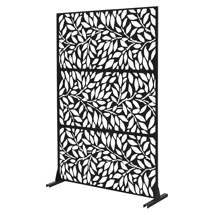 Metall-Sichtschutz Firenze 120x180 cm Schwarz aus Stahl -  - Schwarzer Metall-Sichtschutz mit dekorativem Blättermuster-Ausschnittdesign, stehend auf zwei Füßen.