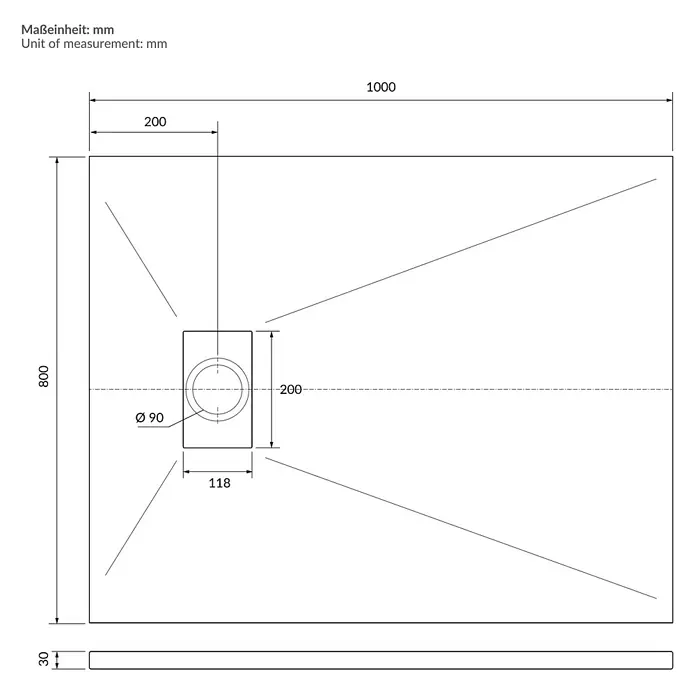 Duschwanne 100x80 cm Schwarz mit Ablaufgarnitur aus SMC Höhe 30 mm -  - Technische Zeichnung einer rechteckigen Duschwanne, 1000x800x30mm, mit einem dezentralen 90mm Abfluss.