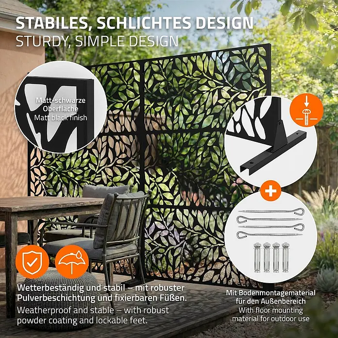 ML-Design Sichtschutzelement Firenze - B x H: 120 x 183 cm, Stahl, Schwarz - Mattschwarzer Metall-Sichtschutz mit Blattmuster für den Außenbereich. Wetterfest und stabil mit Bodenmontagematerial.
