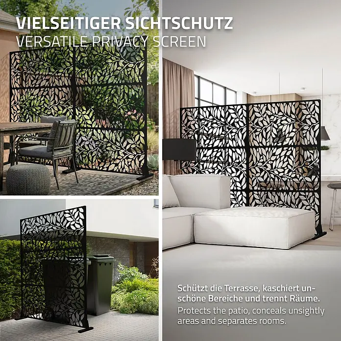 ML-Design Sichtschutzelement Firenze - B x H: 120 x 183 cm, Stahl, Schwarz - Schwarzer Metall-Sichtschutz mit Blattmuster, trennt eine Terrasse und einen Wohnbereich.