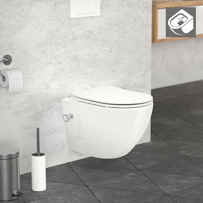 LuxeBath Wand-WC kurz Weiß mit Bidet Funktion Toilettensitz Duroplast - Spülrandlos, Spülform: Tief, WC Abgang: Waagerecht, Weiß - Weißes wandhängendes Bidet-WC in einem modernen Badezimmer.