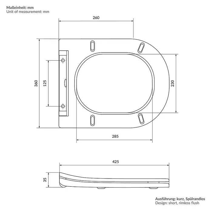 LuxeBath Wand-WC Weiß mit Nano Beschichtung kurz Tiefspüler Lotus Effekt - Spülrandlos, Spülform: Tief, WC Abgang: Waagerecht, Weiß - Technische Zeichnung eines WC-Sitzes, 425x360mm (L x B), 35mm hoch, in Draufsicht und Seitenansicht.