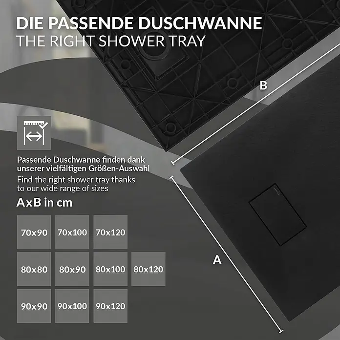 LuxeBath Duschwannen-Set Rechteckige 120x90 cm mit Siphon ,Höhe 30 mm ,extra flache - L x B: 120 x 90 cm, Verbundwerkstoff, Schwarz, Ablaufgarnitur - Dunkelgraue Duschwanne mit sichtbarer Unterseite und Angabe der verfügbaren Maße (70x90 bis 90x120 cm).