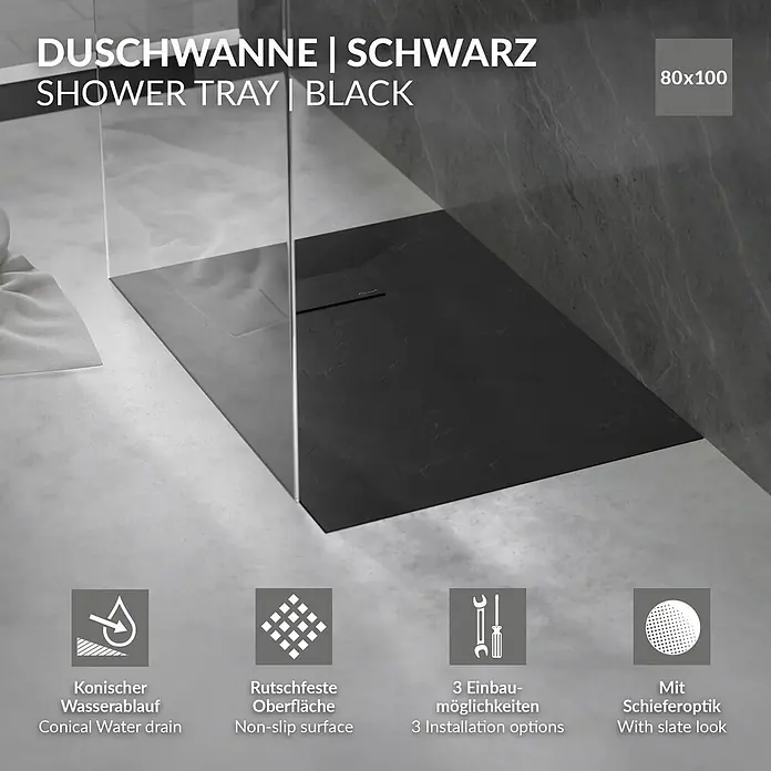 Duschwanne 100x80 cm Schwarz mit Ablaufgarnitur aus SMC Höhe 30 mm -  - Schwarze Duschwanne (80x100) in Schieferoptik mit rutschfester Oberfläche und konischem Wasserablauf in einer Dusche.
