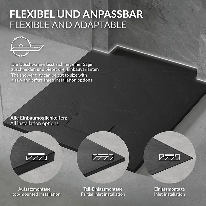 LuxeBath Duschwannen-Set Rechteckige 120x90 cm mit Siphon ,Höhe 30 mm ,extra flache - L x B: 120 x 90 cm, Verbundwerkstoff, Schwarz, Ablaufgarnitur - Dunkle, texturierte Duschwanne, individuell zuschneidbar, gezeigt mit Aufsatz-, Teil- und Einlassmontageoptionen.