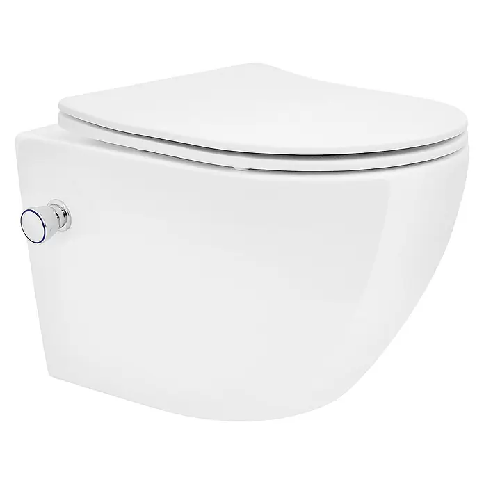 LuxeBath Wand-WC Weiß mit Bidet-Funktion, Tornadospülung, Softclose-Klodeckel - Weiß - Weißes wandhängendes WC mit Chrom-Bidetdüse.