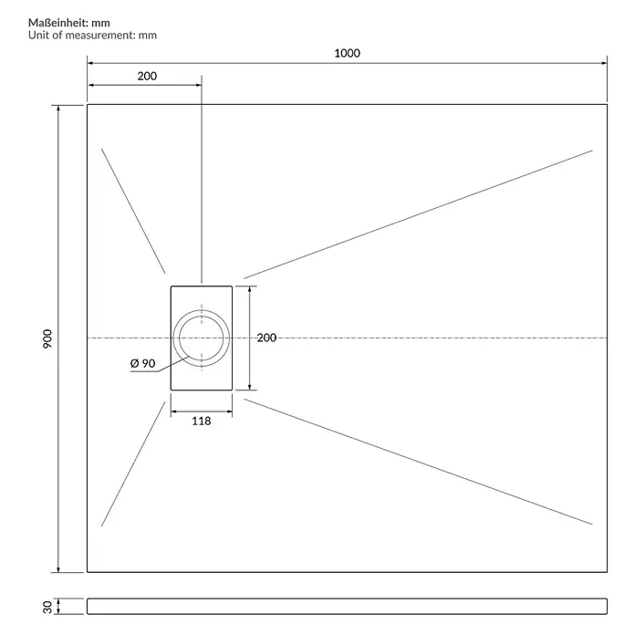 Duschwanne 100x90 cm Schwarz mit Ablaufgarnitur aus SMC Höhe 30 mm -  - Technische Zeichnung einer rechteckigen Duschtasse, 1000x900mm, mit zentralem 90mm Ablauf und 30mm Dicke.