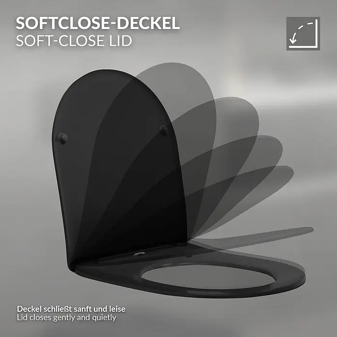 LuxeBath Wand-WC mit Bidet-Funktion, Tornadospülung, Softclose-Klodeckel - Schwarz - Schwarzer WC-Sitz mit Soft-Close-Funktion, der sanft und leise schließt.