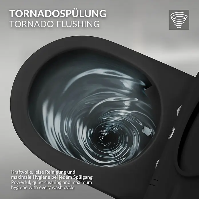 LuxeBath Wand-WC mit Bidet-Funktion, Tornadospülung, Softclose-Klodeckel - Schwarz - Schwarze WC-Schüssel mit wirbelndem Wasser für kraftvolle, leise und hygienische Spülung.