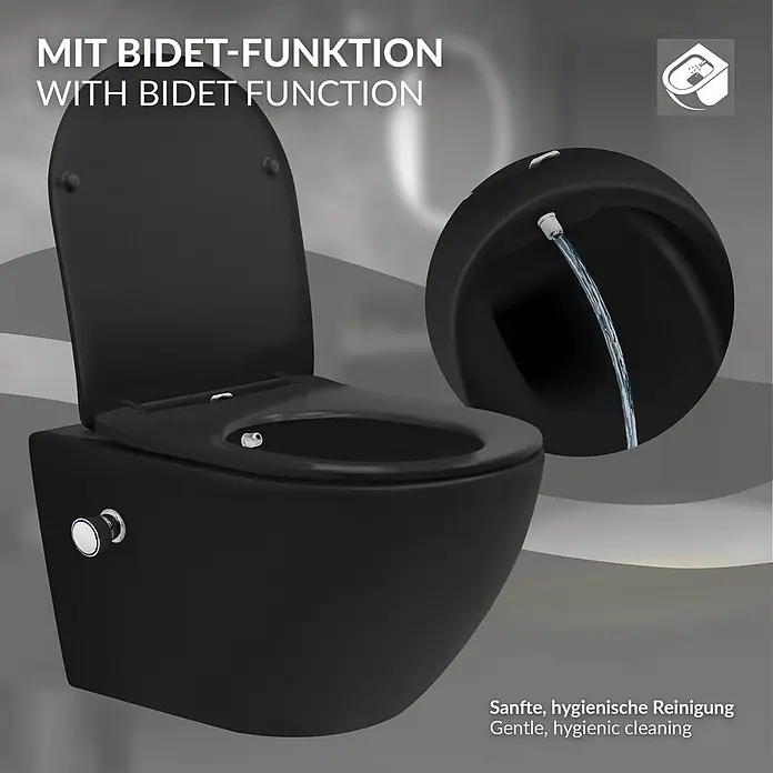 LuxeBath Wand-WC mit Bidet-Funktion, Tornadospülung, Softclose-Klodeckel - Schwarz - Schwarzes wandhängendes Bidet-WC mit Wasserdüse und seitlicher Steuerung.