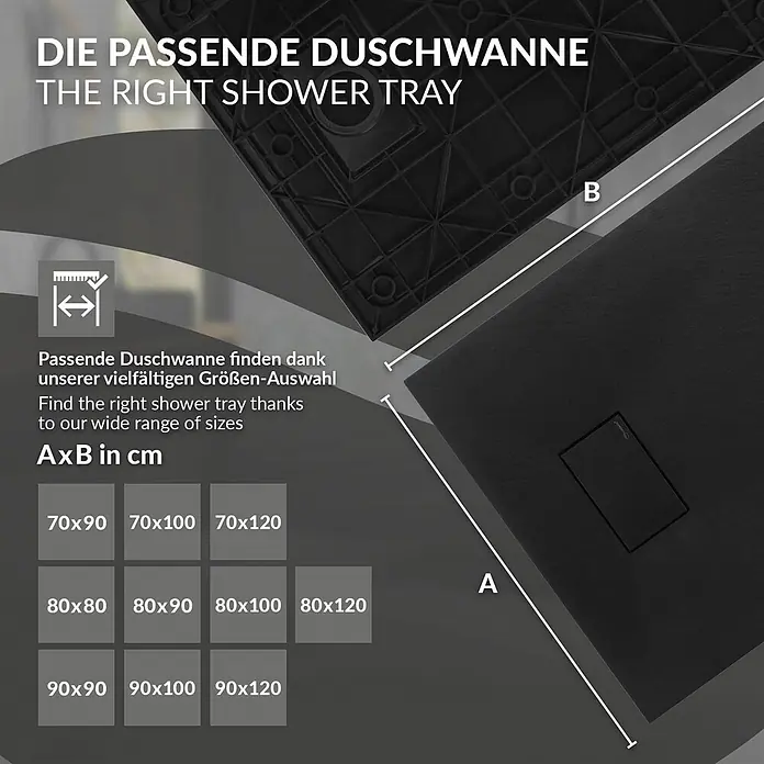 Duschwanne 120x70 cm Schwarz mit Ablaufgarnitur aus SMC Höhe 30 mm -  - Schwarze Duschwanne mit hervorgehobenen Maßen A und B, sowie einer Liste verfügbarer Größen in cm.