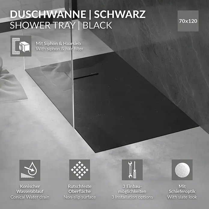 Duschwanne 120x70 cm Schwarz mit Ablaufgarnitur aus SMC Höhe 30 mm -  - Schwarze Duschwanne in Schieferoptik mit Siphon, Haarsieb, konischem Ablauf und rutschfester Oberfläche, 70x120 cm.
