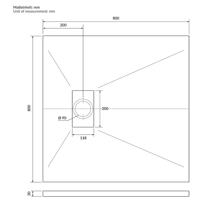 LuxeBath Duschwannen-Set Quadratische 80x80cm mit Siphon ,Höhe 30 mm ,extra flache - L x B: 80 x 80 cm, Verbundwerkstoff, Schwarz, Ablaufgarnitur - Technische Zeichnung einer quadratischen Duschwanne (800x800x30 mm) mit zentralem Ablauf (Ø 90 mm).