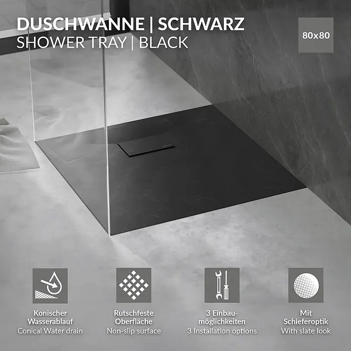 LuxeBath Duschwannen-Set Quadratische 80x80cm mit Siphon ,Höhe 30 mm ,extra flache - L x B: 80 x 80 cm, Verbundwerkstoff, Schwarz, Ablaufgarnitur - Schwarze Duschwanne 80x80 cm mit Schieferoptik und konischem Ablauf.