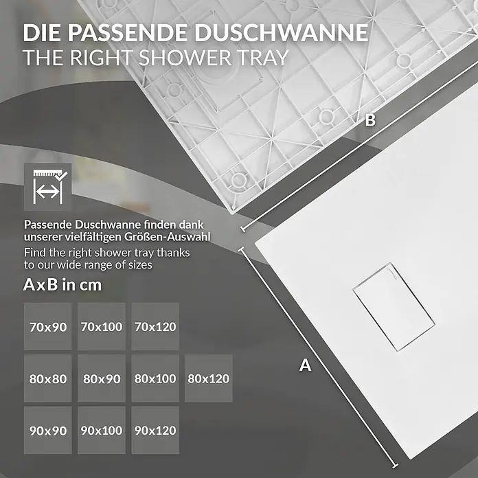 Duschwanne 90x70 cm Weiß mit Ablaufgarnitur aus SMC Höhe 30 mm -  - Weiße Duschwanne, erhältlich in verschiedenen Größen (A x B cm). Abbildung zeigt Abmessungen und Optionen.