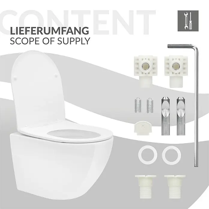 LuxeBath Wand-WC Weiß mit Nano Beschichtung kurz Tiefspüler Lotus Effekt - Spülrandlos, Spülform: Tief, WC Abgang: Waagerecht, Weiß - Weißes wandhängendes WC mit Soft-Close-Sitz und allen notwendigen Montageteilen wie Befestigungen, Schrauben, Ankern, Unterlegscheiben und Inbusschlüssel.