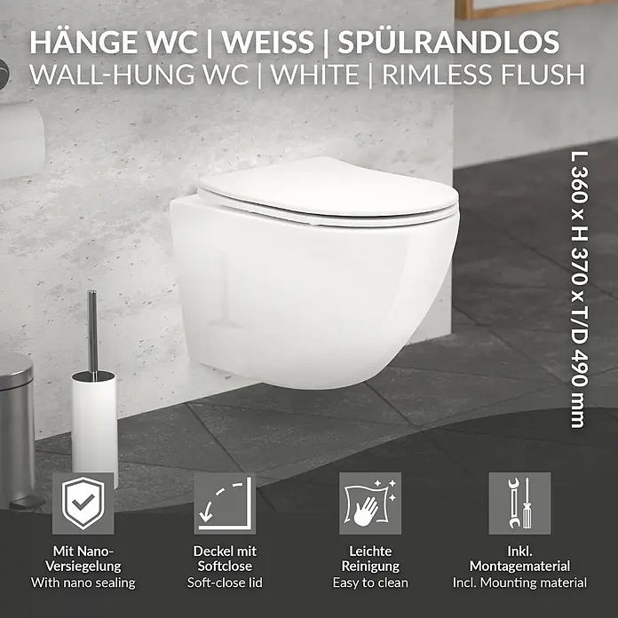 LuxeBath Wand-WC Weiß mit Nano Beschichtung kurz Tiefspüler Lotus Effekt - Weiß - Weißes, wandhängendes, spülrandloses WC mit Soft-Close-Sitz.