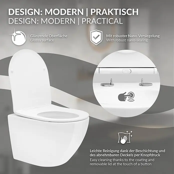 LuxeBath Wand-WC Weiß mit Nano Beschichtung kurz Tiefspüler Lotus Effekt - Weiß - Weißes wandhängendes WC mit glänzender, nanoversiegelter Oberfläche und leicht zu reinigendem abnehmbaren Deckel.