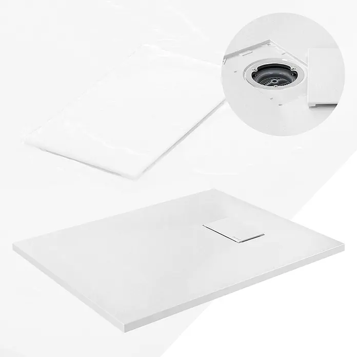 Duschwanne 90x70 cm Weiß mit Ablaufgarnitur aus SMC Höhe 30 mm -  - Weiße, strukturierte Duschwanne mit rechteckigem verdecktem Abfluss und Nahaufnahme des internen Ablaufsystems.