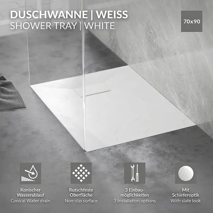 Duschwanne 90x70 cm Weiß mit Ablaufgarnitur aus SMC Höhe 30 mm -  - Weiße Duschwanne (70x90) mit Schieferoptik, rutschfester Oberfläche, konischem Ablauf und 3 Einbauoptionen.