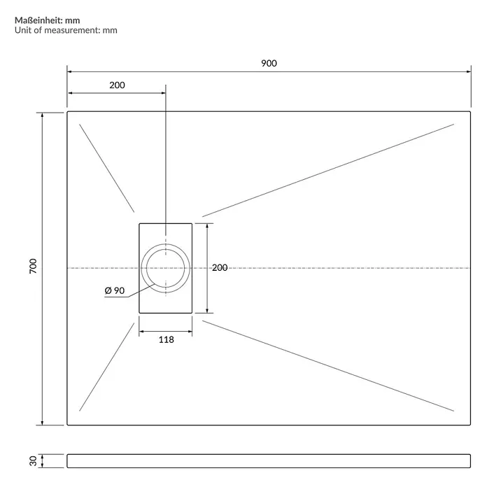 Duschwanne 90x70 cm Schwarz mit Ablaufgarnitur aus SMC Höhe 30 mm -  - Rechteckige Duschwanne 900x700x30mm mit zentralem Ø90mm Ablauf und Maßen.