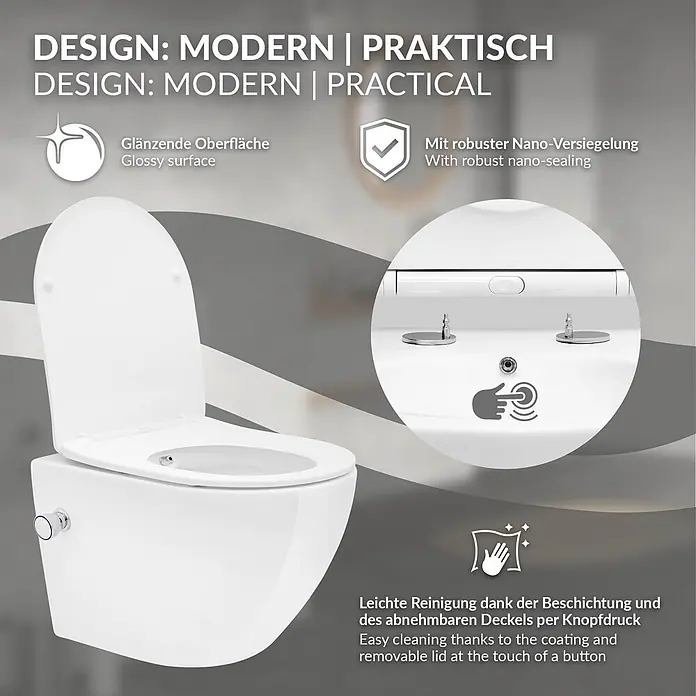 LuxeBath Wand-WC kurz mit Bidet-Funktion & Nano Beschichtung Tornadospülung - Weiß - Weiße Wand-WC mit Bidetfunktion, hervorhebend die glänzende Oberfläche, Nano-Versiegelung und abnehmbaren Deckel zur einfachen Reinigung.