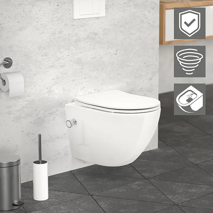 LuxeBath Wand-WC kurz mit Bidet-Funktion & Nano Beschichtung Tornadospülung - Weiß - Weißes wandhängendes WC mit integrierter Bidetfunktion in einem modernen Badezimmer.