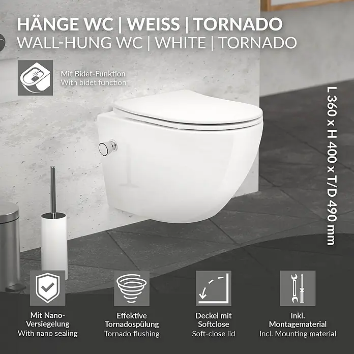LuxeBath Wand-WC kurz mit Bidet-Funktion & Nano Beschichtung Tornadospülung - Weiß - Weißes Hänge-WC mit Bidetfunktion, Softclose-Deckel und Tornadospülung.